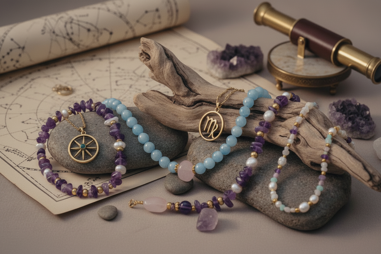 Naszyjniki z kolekcji na zodiakalnym tle